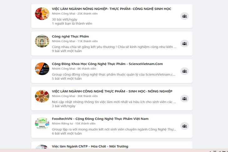 Các group trên mạng xã hội Facebook như: Việc làm ngành công nghệ thực phẩm, Công nghệ thực phẩm…