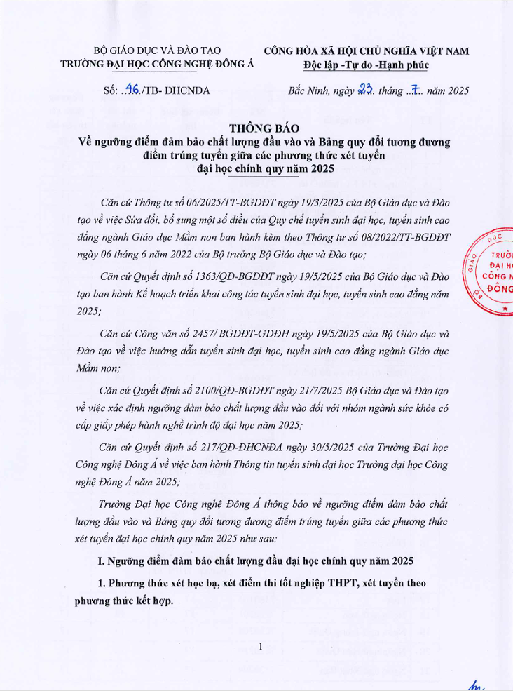 THÔNG BÁO VỀ NGƯỠNG ĐIỂM ĐẢM BẢO CHẤT LƯỢNG ĐẦU VÀO VÀ BẢNG QUY ĐỔI ĐIỂM TƯƠNG ĐƯƠNG ĐIỂM TRÚNG TUYỂN GIỮA CÁC PHƯƠNG THỨC XÉT TUYỂN ĐẠI HỌC CHÍNH QUY NĂM 2025 1 Screenshot 2025 07 28 200152