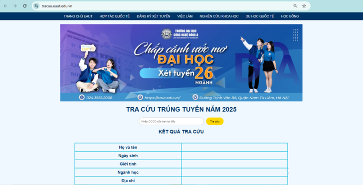 Hướng dẫn tra cứu kết quả trúng tuyển của Trường Đại học Công nghệ Đông Á năm 2025 1 huong-dan-tra-cuu-ket-qua-trung-tuyen-cua-truong-dai-hoc-cong-nghe-dong-a-nam-2025