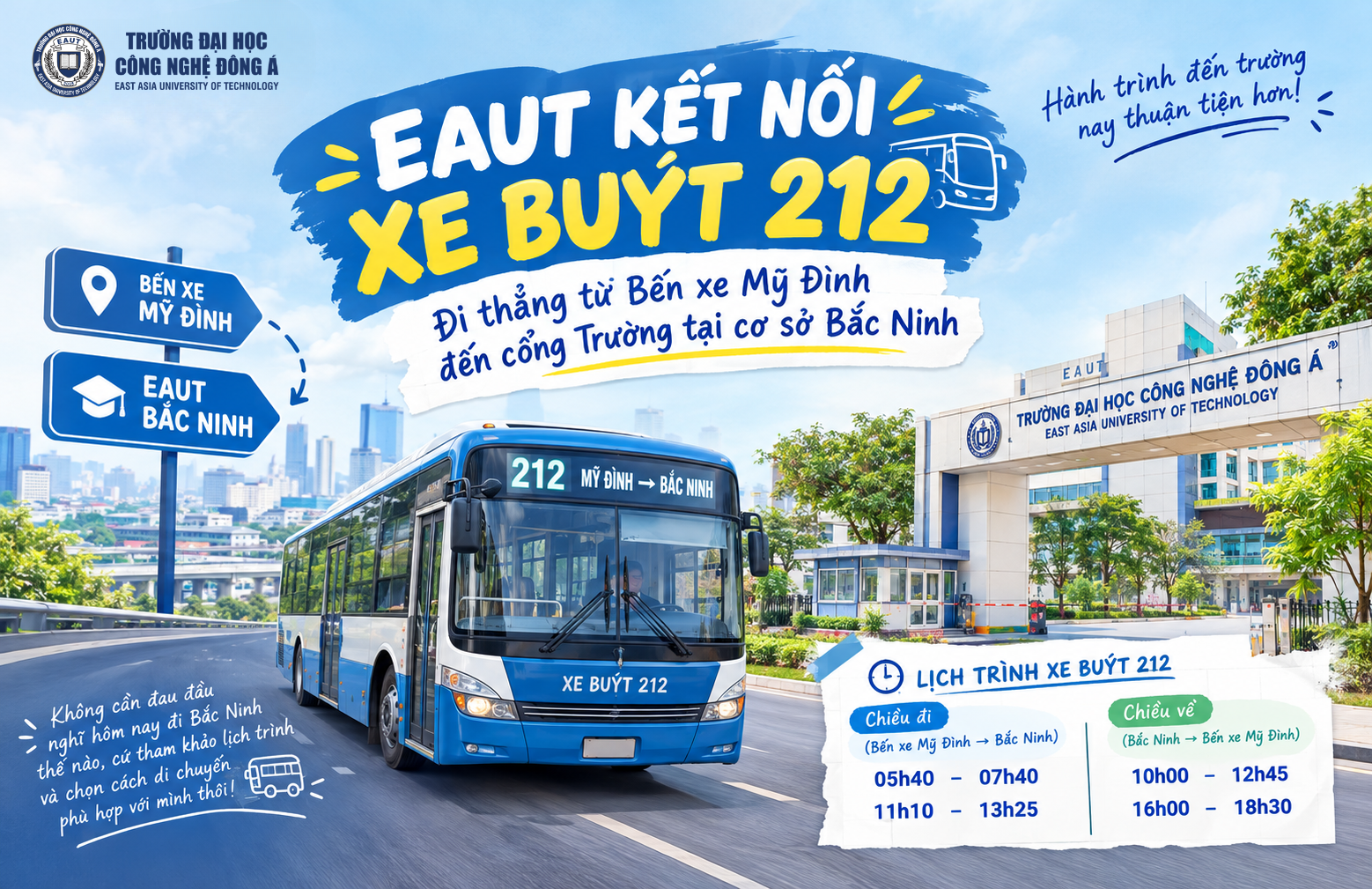 EAUT KẾT NỐI XE BUÝT 212: ĐI THẲNG TỪ BẾN XE MỸ ĐÌNH ĐẾN CỔNG TRƯỜNG ĐẠI HỌC CÔNG NGHỆ ĐÔNG Á CƠ SỞ BẮC NINH